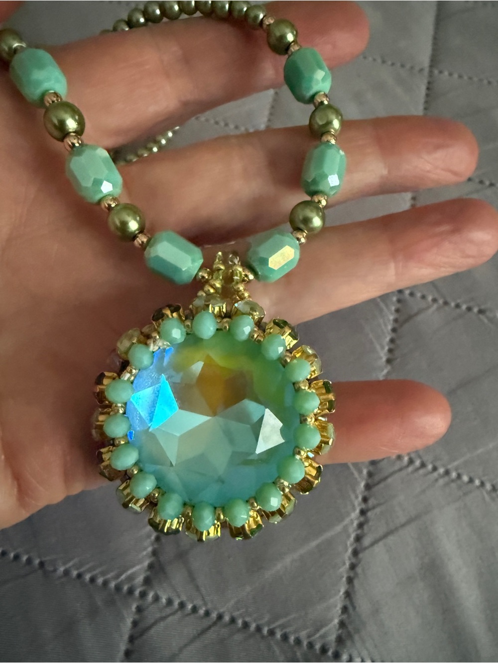 Aqua Crystal Statement Pendant Necklace with Gold Accents
